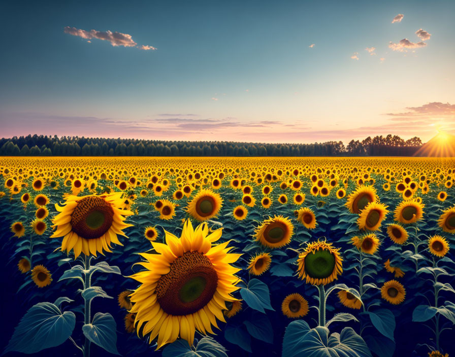 Sunflower Field at Sunset with Fluffy Clouds