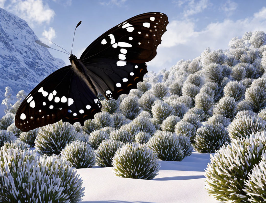 Vibrant butterfly on snowy plants with mountain backdrop