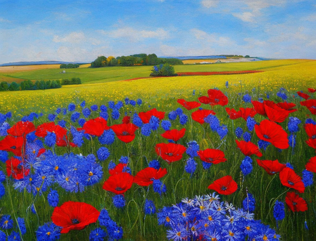 Colorful field painting with red poppies and blue flowers in sunny landscape