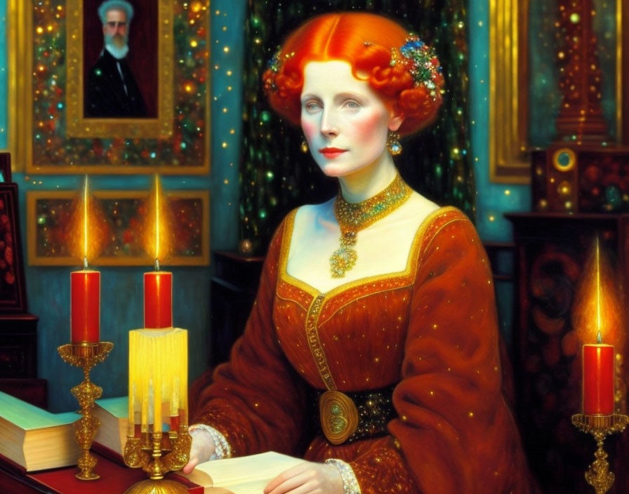 Red-haired woman in Renaissance dress with candles, lamp, and portrait.