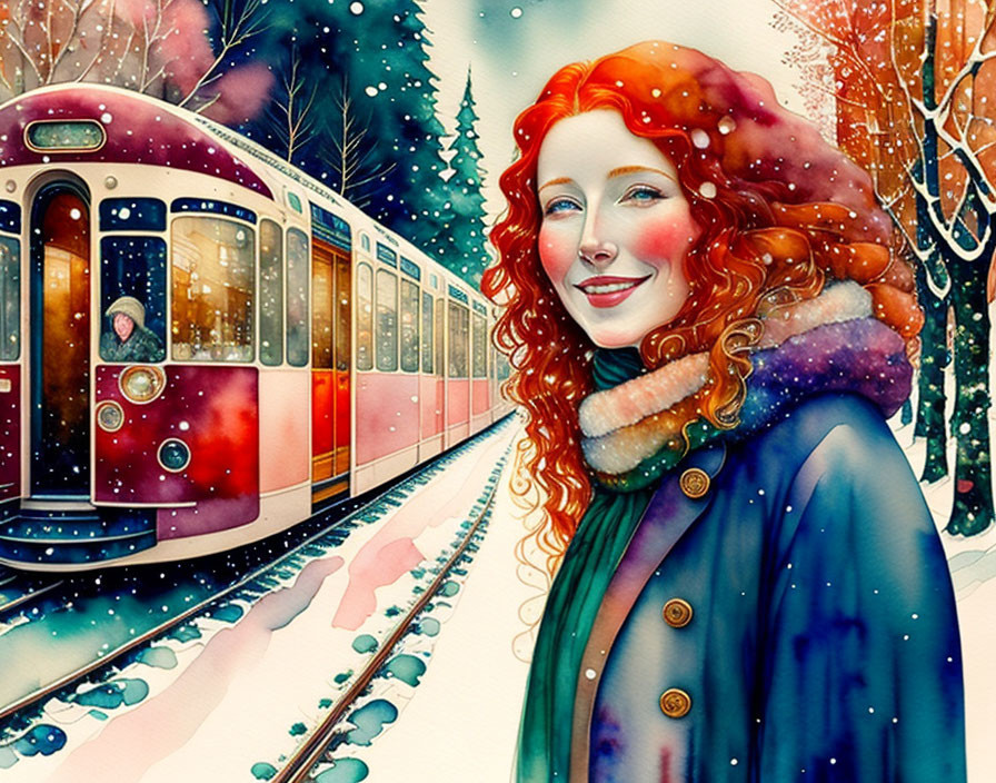 Red-haired woman in colorful winter outfit by vintage tram in snowy landscape