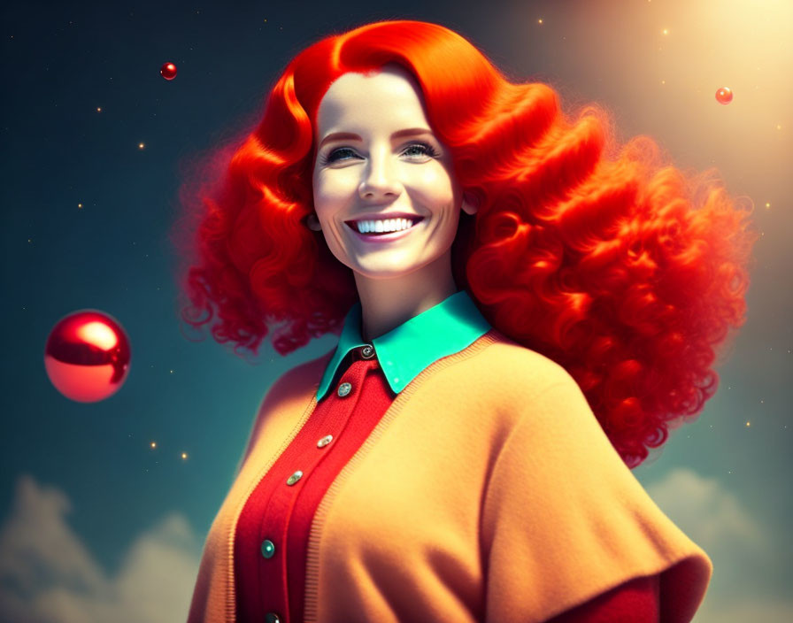 Smiling woman with red hair and coat in digital artwork