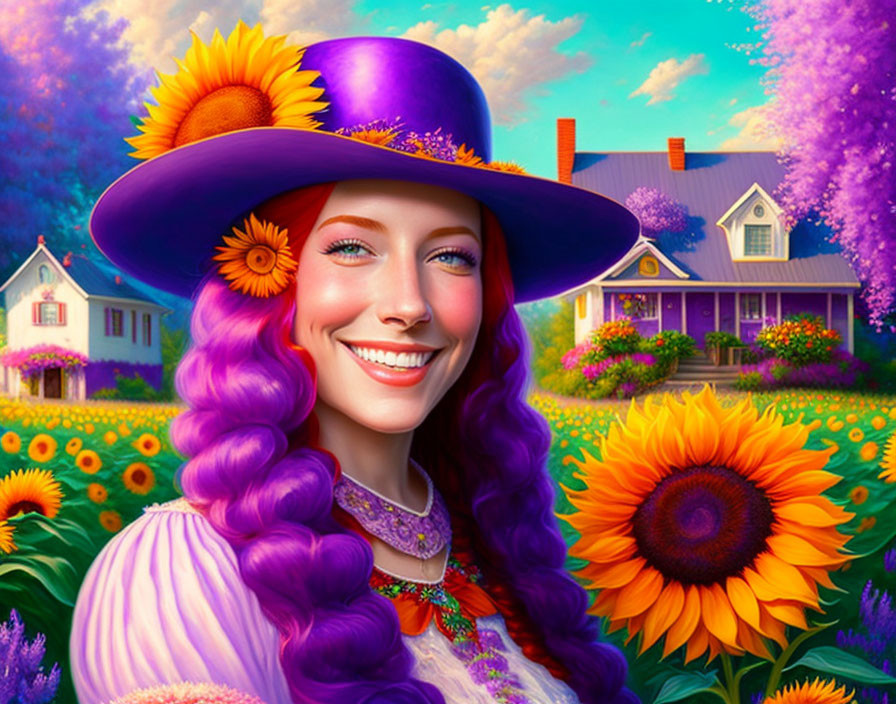 Smiling woman with purple hair and hat in sunflower garden