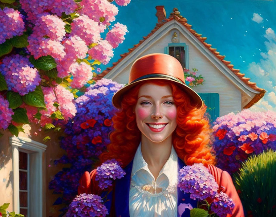 Red-haired woman in orange hat and blue outfit by hydrangea-adorned house