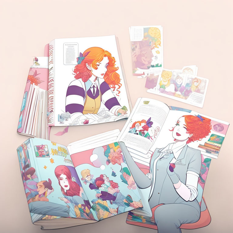 Red-Haired Woman in Artistic Prints with Pastel Colors