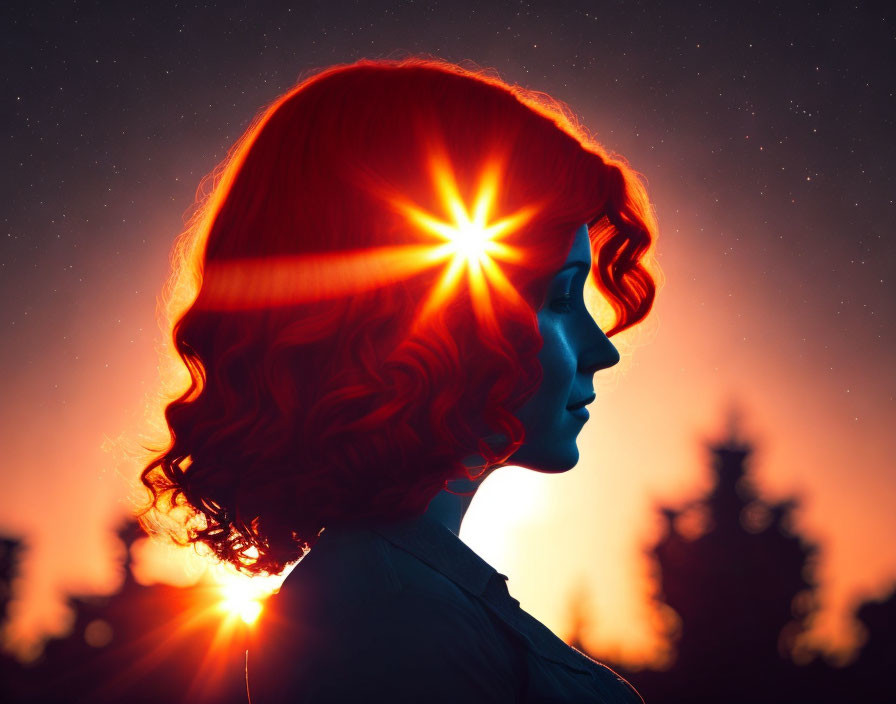 Curly-haired person silhouette at sunset with sunburst effect