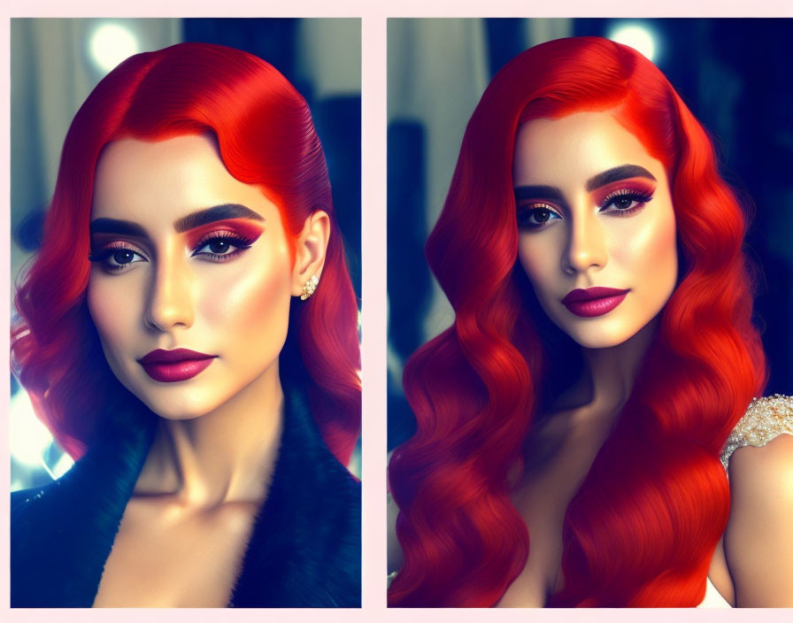 Vibrant red hair portrait with striking makeup and off-shoulder outfit