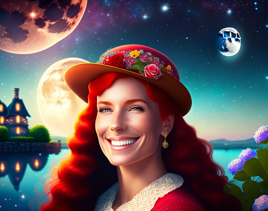 Red-haired woman in floral hat against whimsical night sky