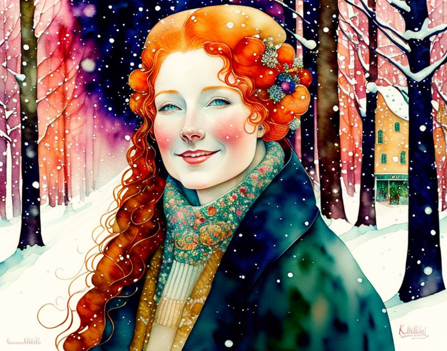 Red-Haired Woman with Green Scarf in Winter Scene