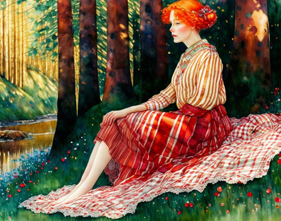 Red-haired woman in striped outfit in forest clearing with flowers.