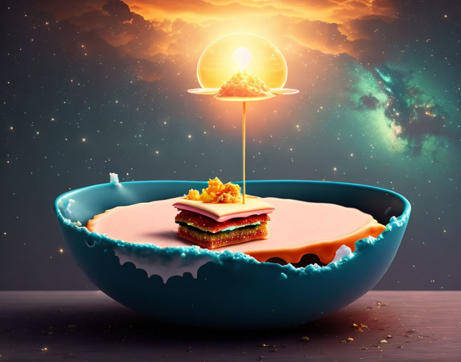 Surreal image of ocean-like liquid in bowl with book stack and radiant sun under cosmic sky