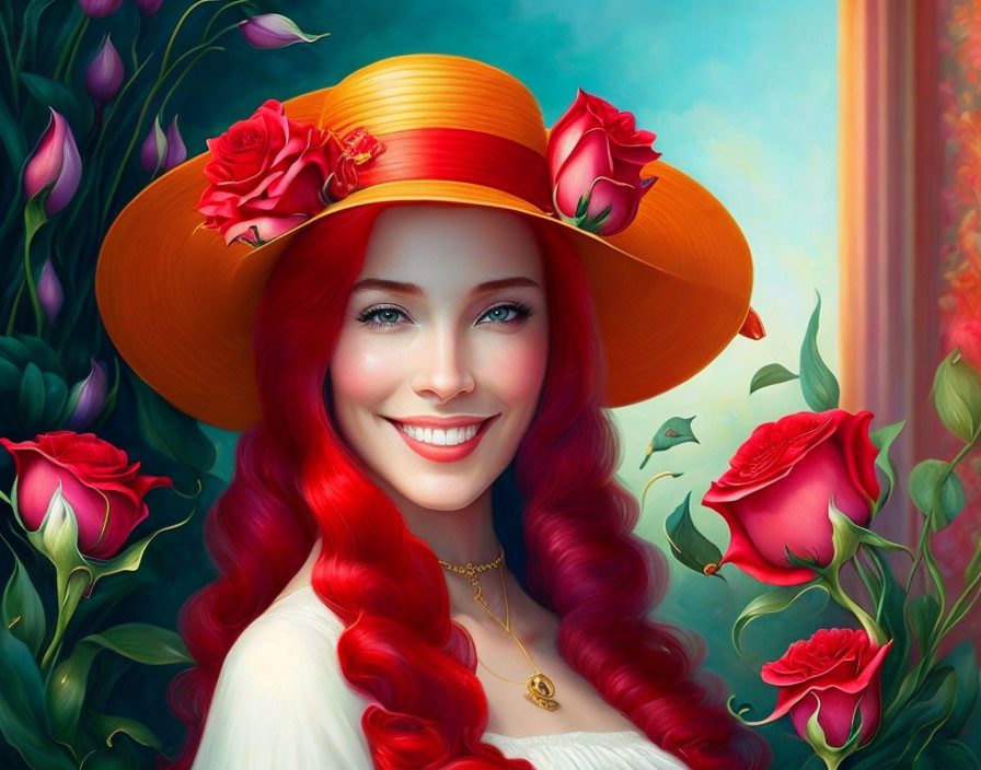 Red-haired woman in orange hat surrounded by vibrant flowers