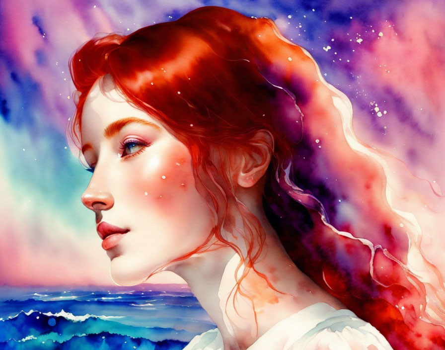 Digital artwork: Woman with red hair merging with cosmic background above ocean