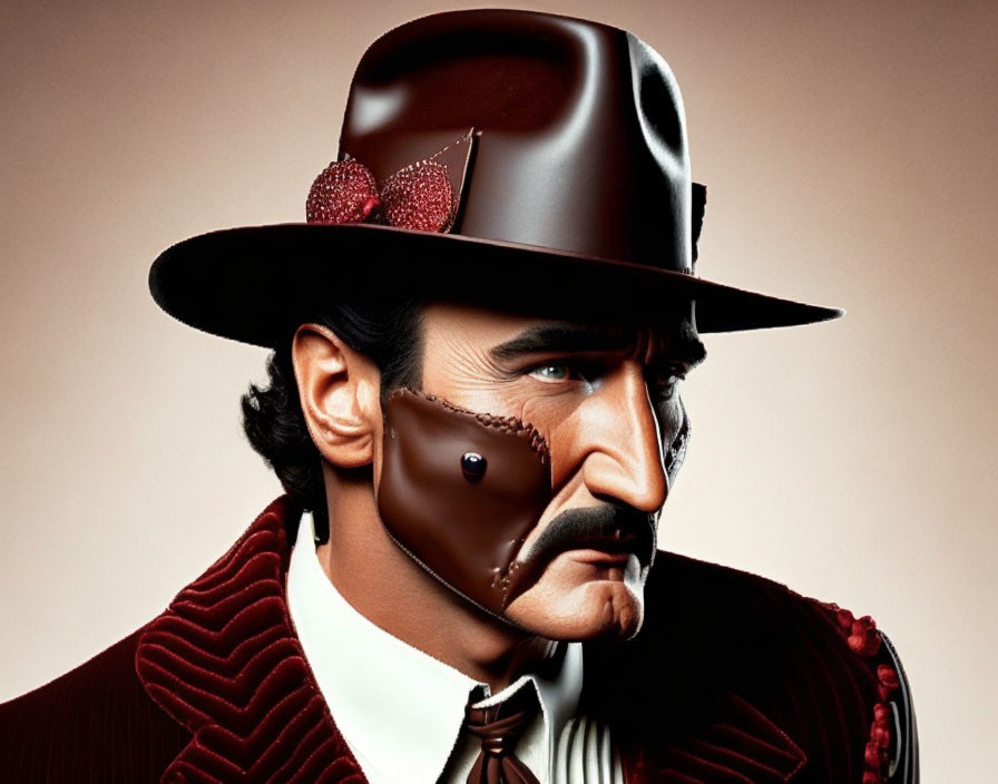 Stylized man in fedora, pinstripe suit, monocle & mustache