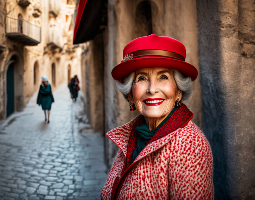 Elderly woman in red hat and coat smiling in old European alleyway