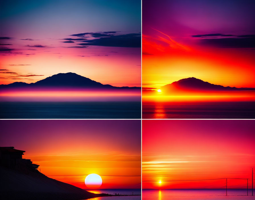 Four Vibrant Sunset Scenes with Silhouetted Mountains and Colorful Skies