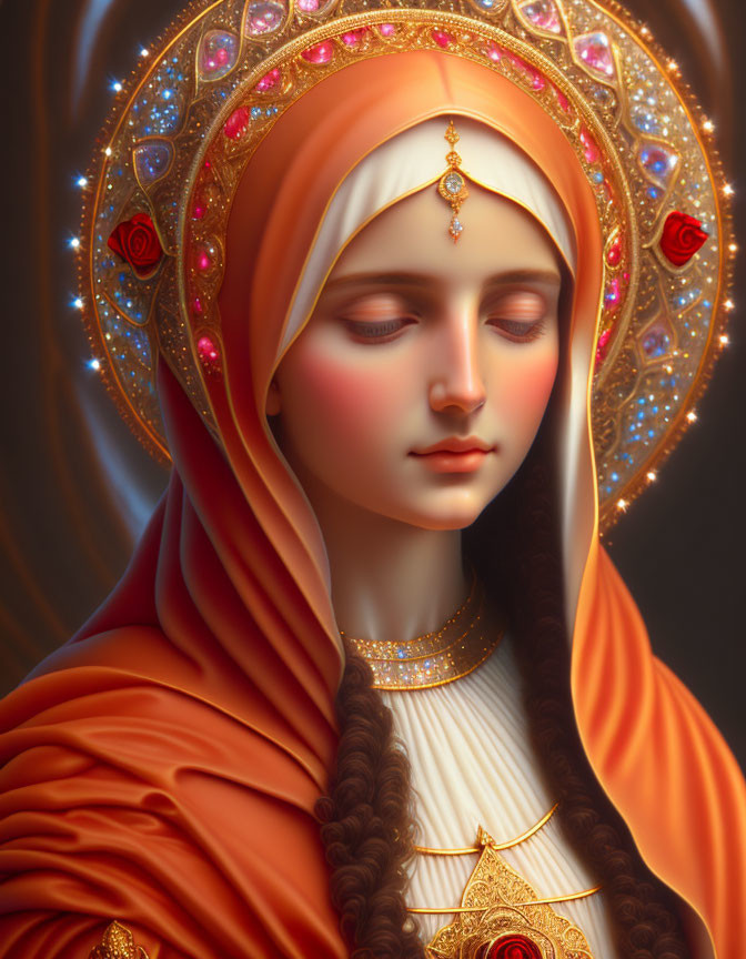 Ethereal digital portrait of a woman with golden jewelry and glowing halo