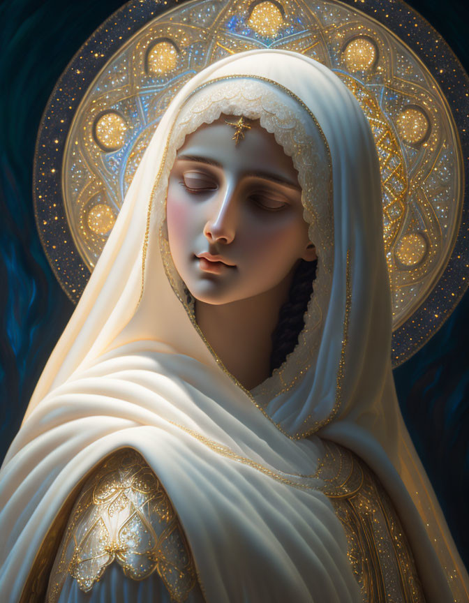 Veiled woman with halo in celestial setting on dark blue backdrop