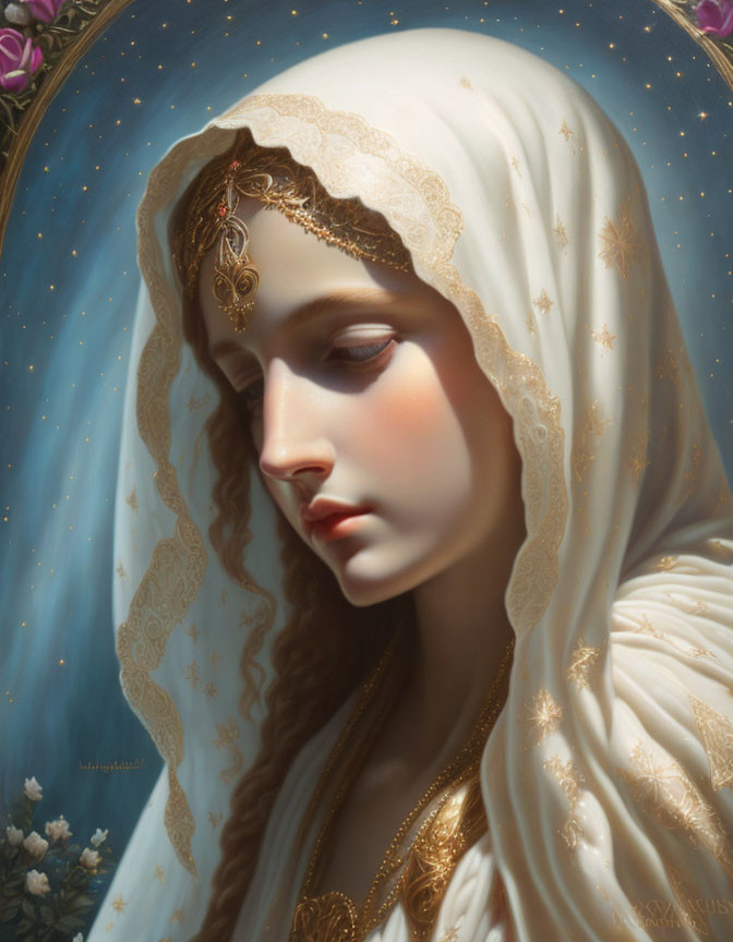 Serene woman portrait in white veil with gold accents on floral backdrop