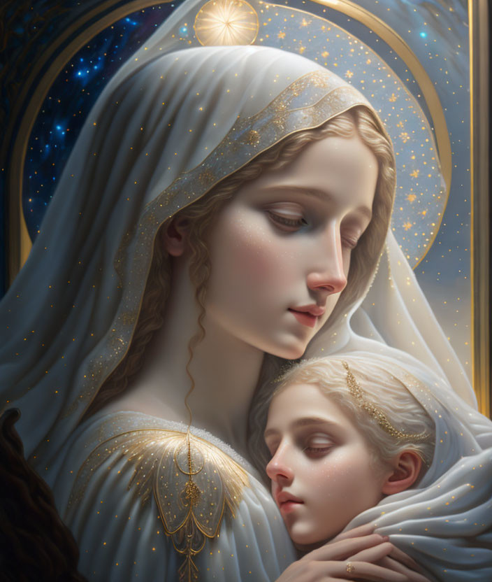 Illustration of woman and child in starry blue veil with golden accents