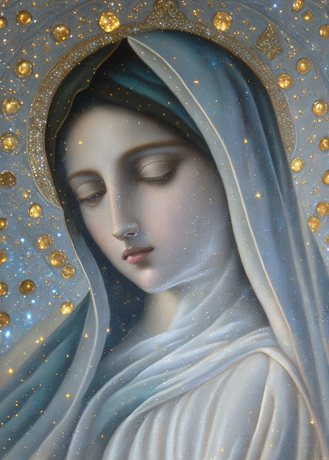 Veiled woman in blue robes with golden star halo on celestial background