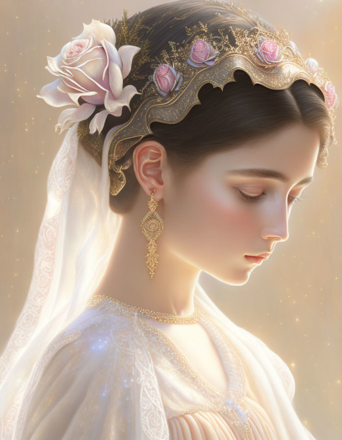 Serene woman with floral tiara and gold jewelry in translucent veil