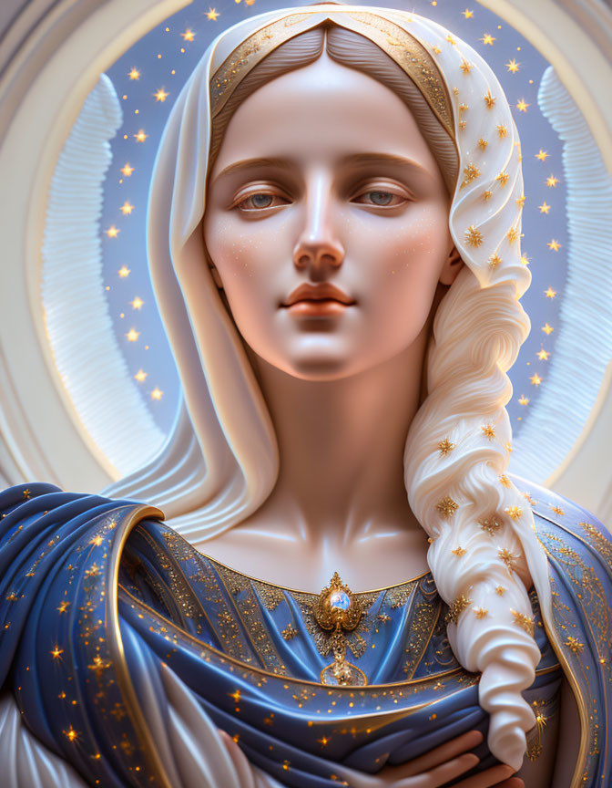 Ethereal woman with starry halo, gilded headband, blue garment, and braid