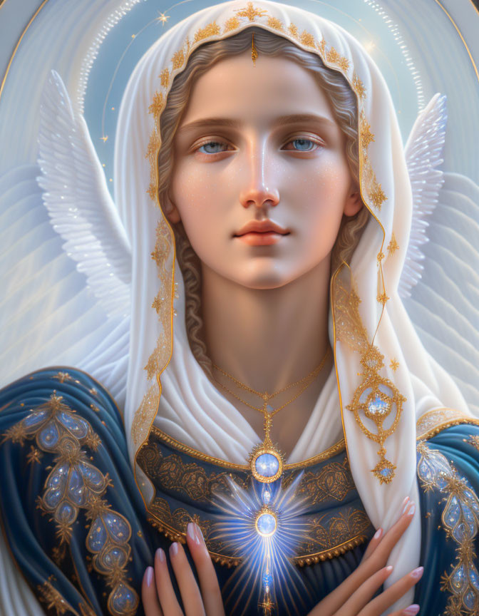 Angel with wings in blue robe and golden star veil holding gem necklace