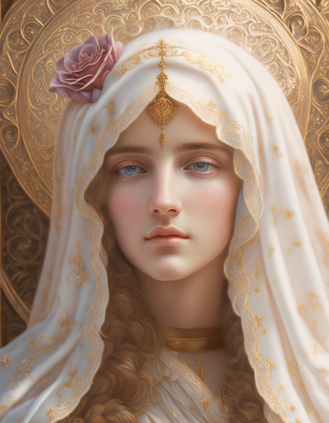 Ethereal woman with blue eyes and wavy brown hair in gold-trimmed white veil