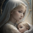 Illustration of woman and child in starry blue veil with golden accents