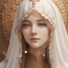 Ethereal woman with blue eyes and wavy brown hair in gold-trimmed white veil