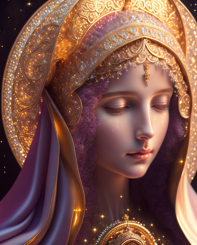 Illustrated portrait of serene female figure with golden headpiece and purple robe against starry backdrop