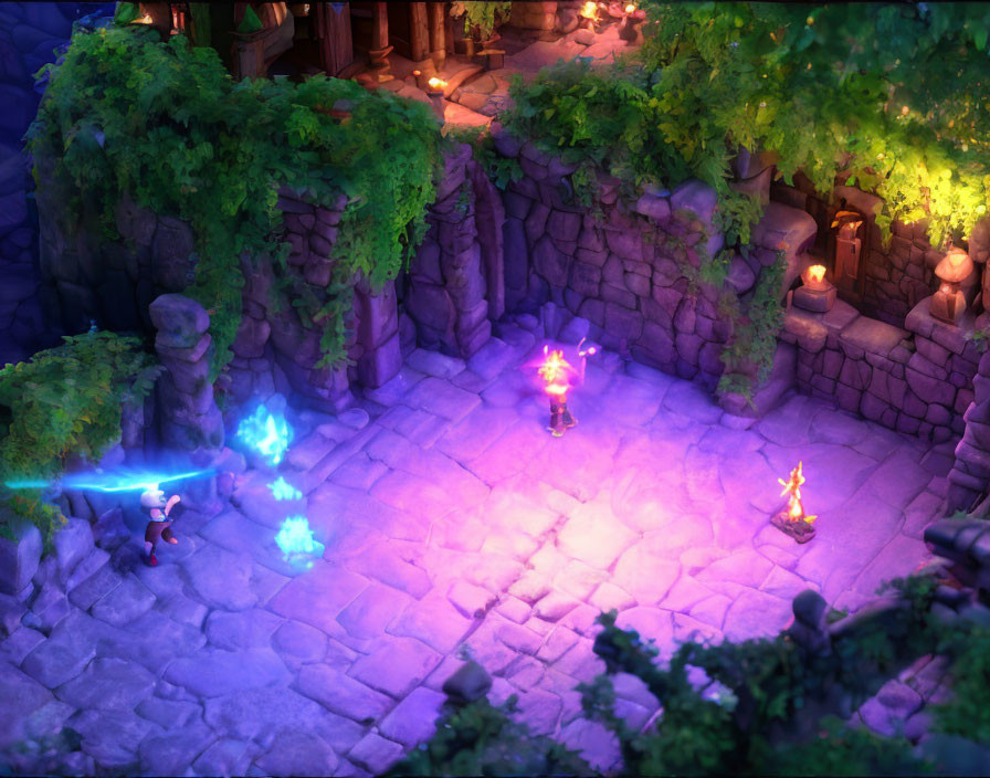 Fantasy video game scene with character in mystical cave & glowing crystals