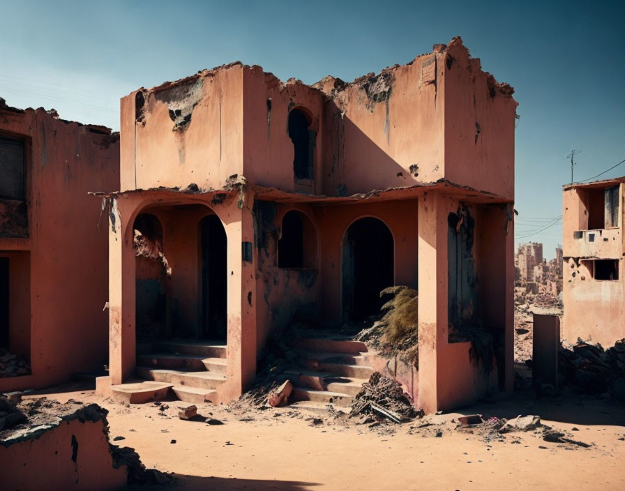 Abandoned two-story building with arches in desert landscape