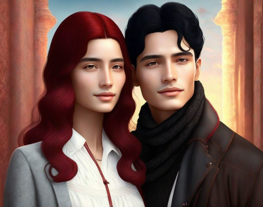 Profile view of woman with long red hair & man with wavy black hair against soft-focus background with