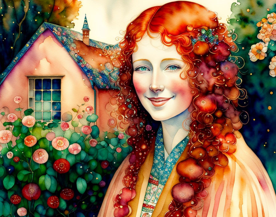 Smiling woman with red curly hair in front of whimsical cottage