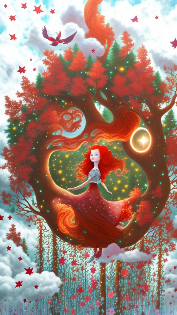 Illustration: Woman with Red Hair in Tree Branches and Birds in Bright Sky