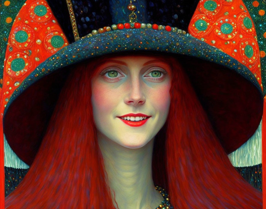 Smiling woman portrait with red hair and ornate red & gold hat