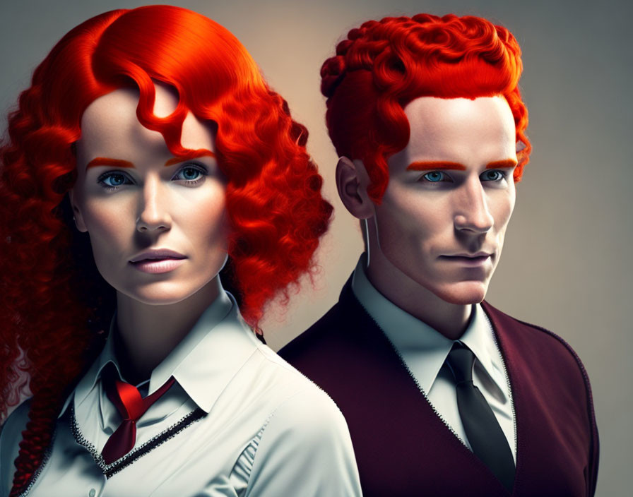 Stylized characters with red hair in formal attire