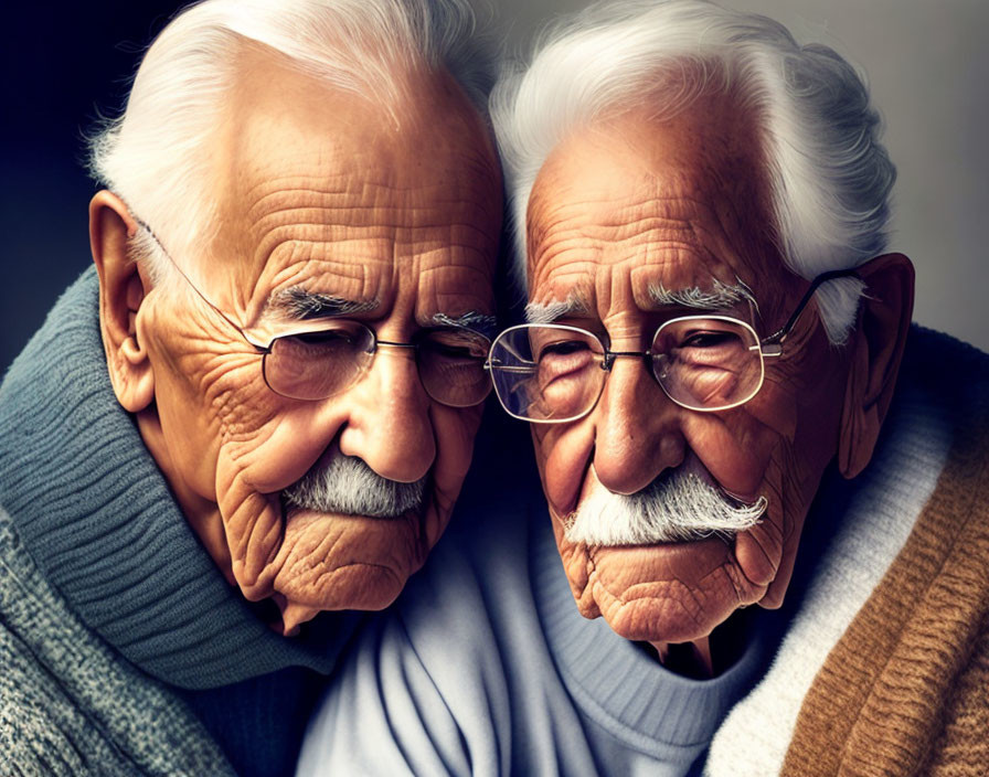 Elderly men with white mustaches in glasses and sweaters embrace closely