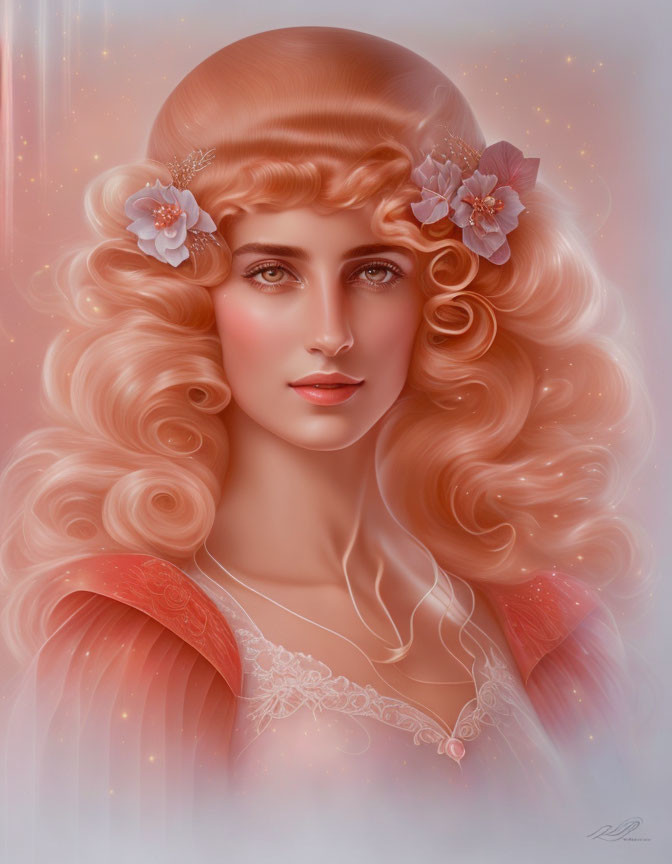 Blonde woman with curly hair and flowers in serene pose