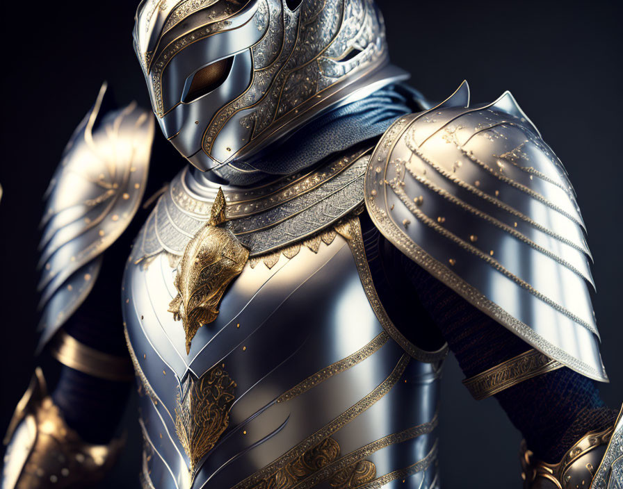 Detailed medieval knight's armor with gold lion emblem - Close-up view