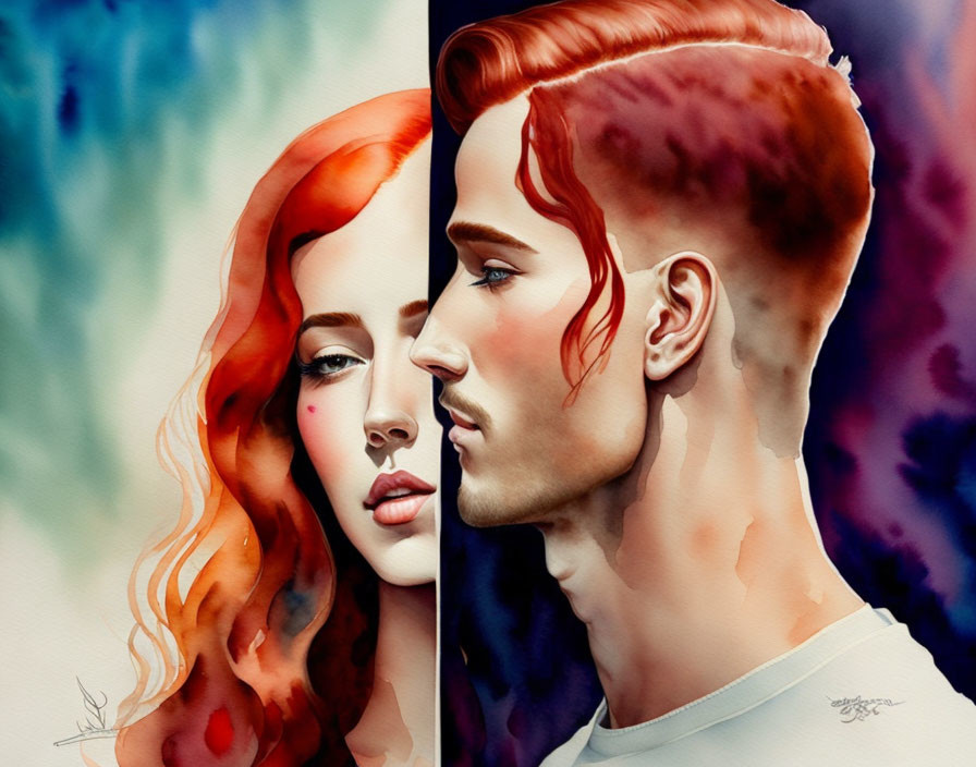 Vibrant watercolor portrait of a woman and man with red hair on abstract background