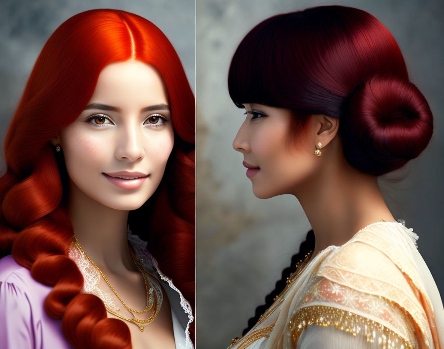 Stylized portraits of women with red and dark hair in elegant attire