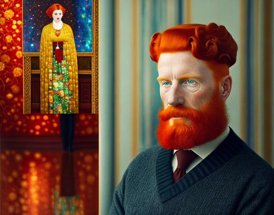 Man with Red Hair and Beard in Front of Colorful Stained Glass Window