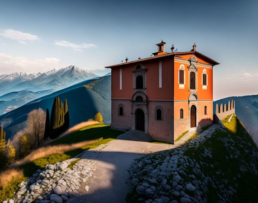 Red building with arched windows and cypress trees on hilltop overlooking mountain range