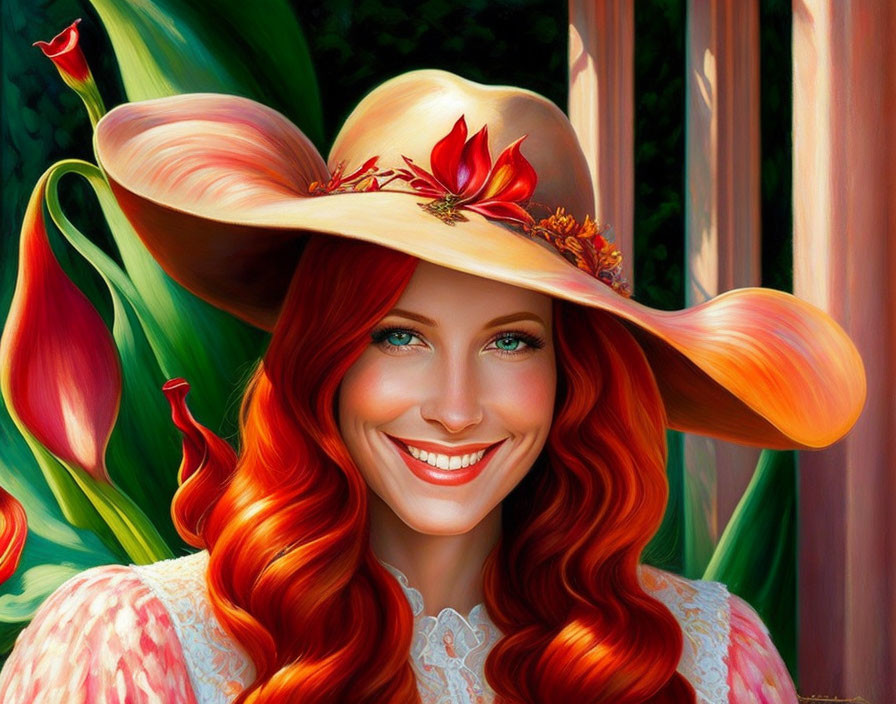 Red-haired woman in large brimmed hat with red flowers - Detailed Description