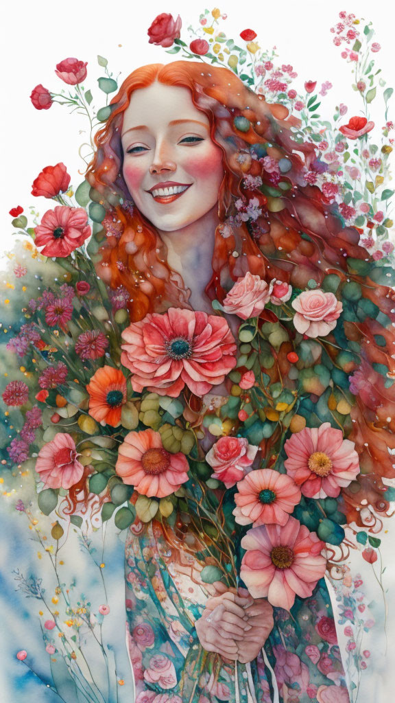 Vibrant illustration of smiling woman with red hair and flowers