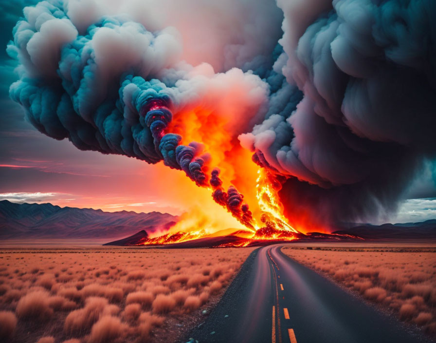 Vibrant red and orange lava eruption in barren landscape