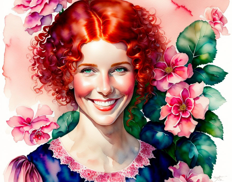 Colorful illustration of a smiling woman with red curly hair in a floral setting